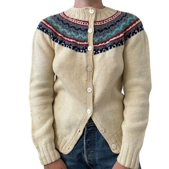 Vintage 1970s Womens Hand Knit 100% Wool Fair Isle Hippie Cardigan Sweater Sz M - Picture 2 of 7